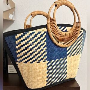 Bamboo Women Straw Hand-woven Top-handle Handbag (Blue)